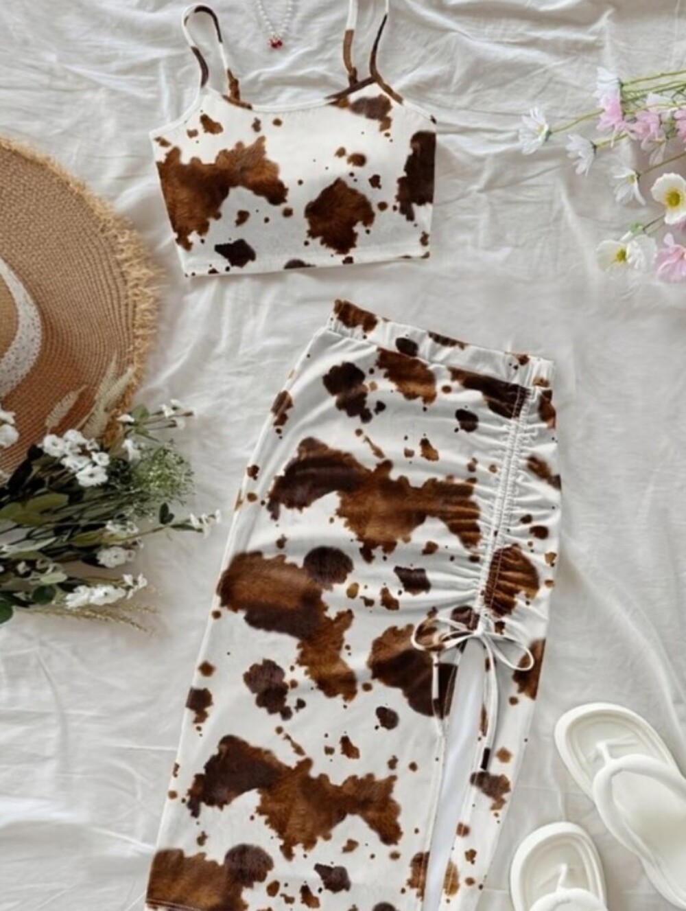 Ladies Cow Print Crop Top & Skirt Set - Brown & White